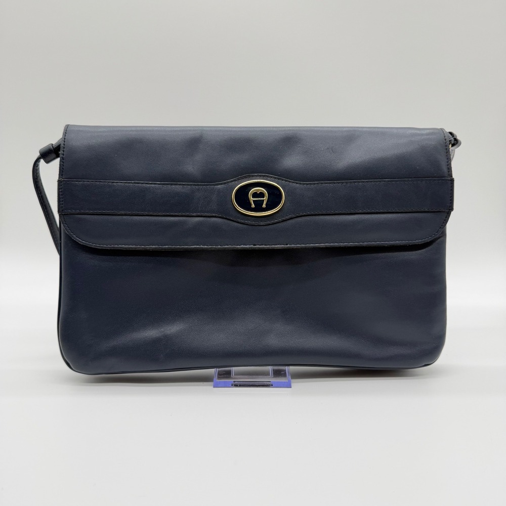 Vintage Etienne Aigner Navy Blue Leather Handmade Shoulder Bag Gold Logo